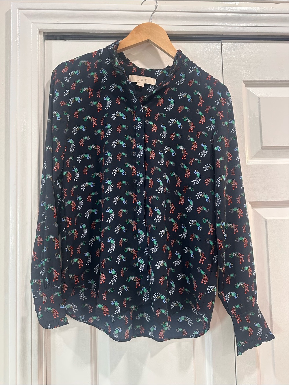 LOFT Navy peacock Print 1/4 Button-Down Blouse